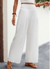 White Elastic Waist High Waisted Smocked Pants