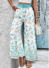 Mint Green Leaf Print Smocked Elastic Waist Pants