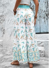 Mint Green Leaf Print Smocked Elastic Waist Pants