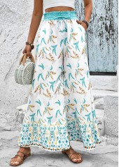 Mint Green Leaf Print Smocked Elastic Waist Pants