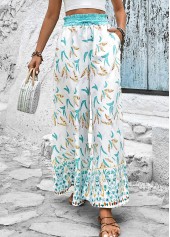 Mint Green Leaf Print Smocked Elastic Waist Pants