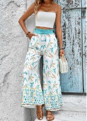 Mint Green Leaf Print Smocked Elastic Waist Pants