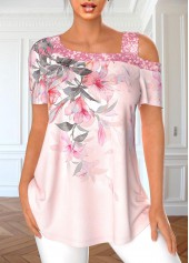 Floral Print Sequin Light Pink T Shirt