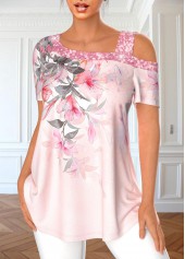 Floral Print Sequin Light Pink T Shirt