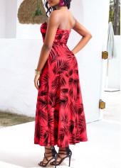 Leaf Print Umbrella Hem Red Bandeau Maxi Dress