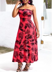 Leaf Print Umbrella Hem Red Bandeau Maxi Dress