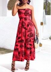 Leaf Print Umbrella Hem Red Bandeau Maxi Dress