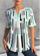 Striped Lace Green Short Sleeve Split Neck Blouse
