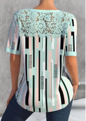Striped Lace Green Short Sleeve Split Neck Blouse