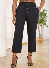 Black Elastic Waist High Waisted Button Pants