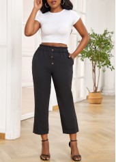 Black Elastic Waist High Waisted Button Pants