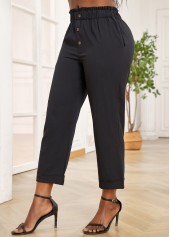Black Elastic Waist High Waisted Button Pants