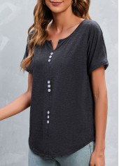 Dark Grey Split Neck Button T Shirt