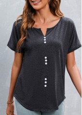 Dark Grey Split Neck Button T Shirt
