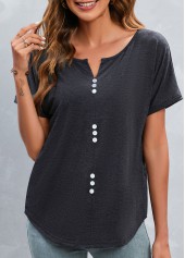 Dark Grey Split Neck Button T Shirt