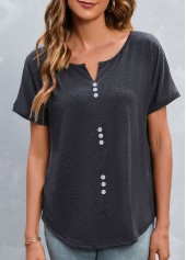 Dark Grey Split Neck Button T Shirt