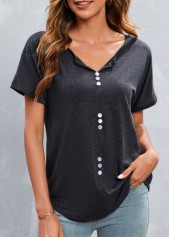 Dark Grey Split Neck Button T Shirt