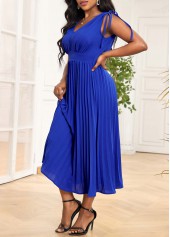 Tie Pleated Dark Blue V Neck Dress