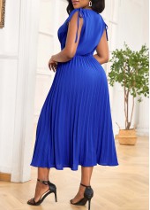Tie Pleated Dark Blue V Neck Dress