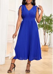 Tie Pleated Dark Blue V Neck Dress