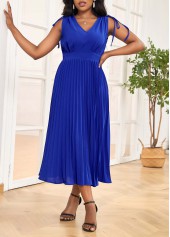 Tie Pleated Dark Blue V Neck Dress
