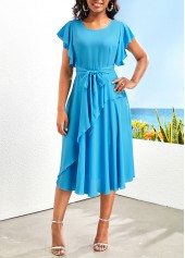 Asymmetry Belted Sky Blue Round Neck Dress