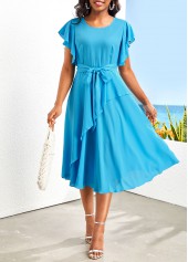 Asymmetry Belted Sky Blue Round Neck Dress