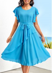 Asymmetry Belted Sky Blue Round Neck Dress