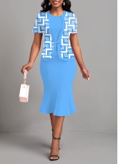 Geometric Print Patchwork Light Blue Bodycon Dress