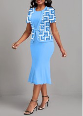 Geometric Print Patchwork Light Blue Bodycon Dress