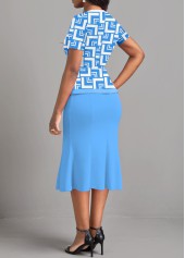 Geometric Print Patchwork Light Blue Bodycon Dress