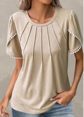 Light Camel Patchwork Round Neck T Shirt