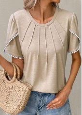 Light Camel Patchwork Round Neck T Shirt