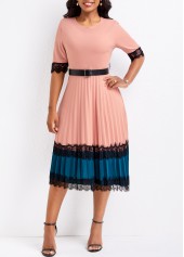 Lace Belted Dusty Pink Round Neck Dress