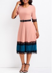 Lace Belted Dusty Pink Round Neck Dress