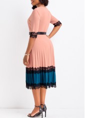 Lace Belted Dusty Pink Round Neck Dress