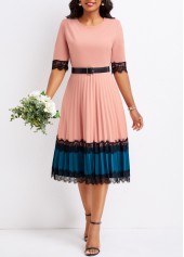 Lace Belted Dusty Pink Round Neck Dress