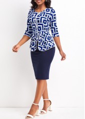 Round Neck Geometric Print Blue Top and Bodycon Skirt