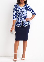 Round Neck Geometric Print Blue Top and Bodycon Skirt