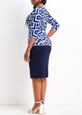 Round Neck Geometric Print Blue Top and Bodycon Skirt