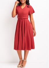 Pleated Belted Coral V Neck Short Sleeve Dress