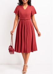 Pleated Belted Coral V Neck Short Sleeve Dress