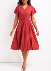 Pleated Belted Coral V Neck Short Sleeve Dress