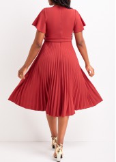 Pleated Belted Coral V Neck Short Sleeve Dress