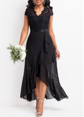 Lace Asymmetry Black High Low V Neck Dress