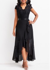 Lace Asymmetry Black High Low V Neck Dress