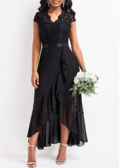 Lace Asymmetry Black High Low V Neck Dress