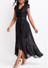 Lace Asymmetry Black High Low V Neck Dress