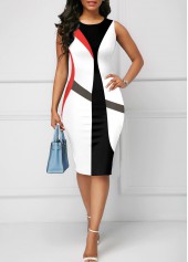 White Round Neck Sleeveless Geometric Print Dress