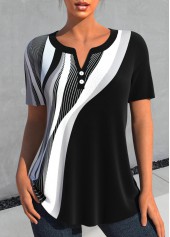 Geometric Print Button Black Short Sleeve Split Neck Blouse